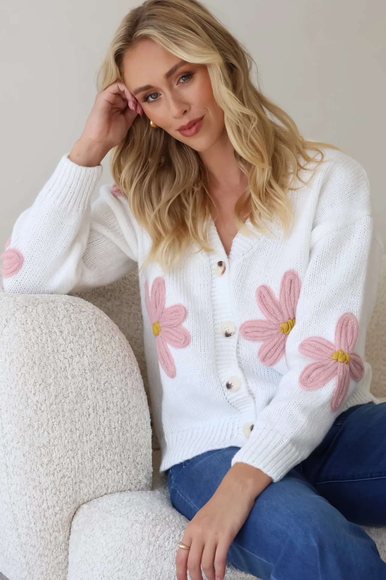 Daisy Belle Cardigan - Cropped Thick Knit Cardigan with Flower Decals in White>Salty Crush Sale