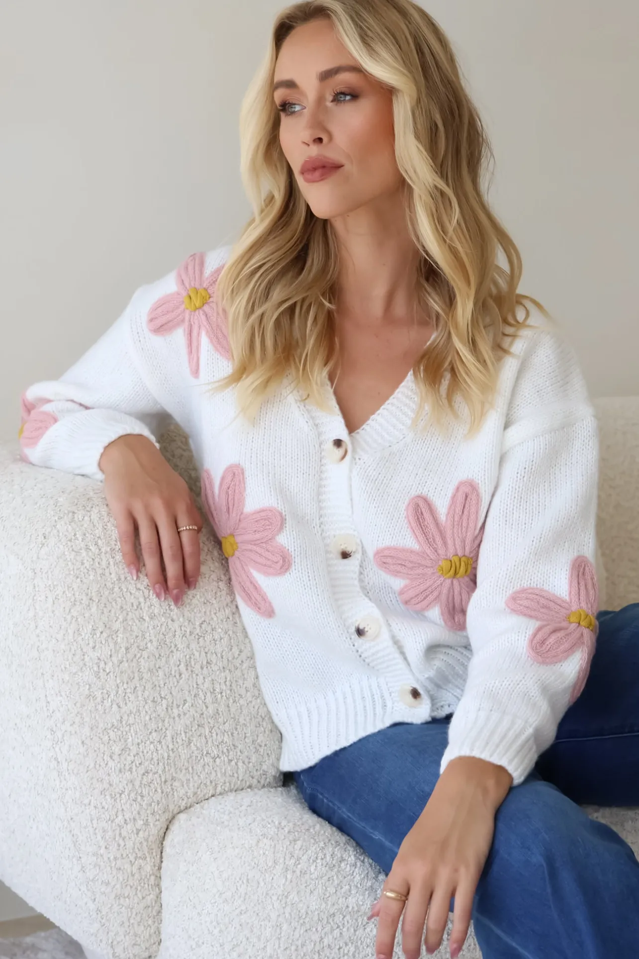 Daisy Belle Cardigan - Cropped Thick Knit Cardigan with Flower Decals in White>Salty Crush Sale