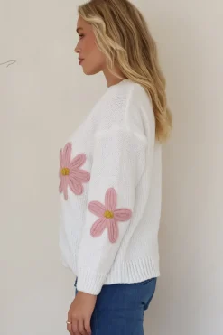 Daisy Belle Cardigan - Cropped Thick Knit Cardigan with Flower Decals in White><noscript><img width=