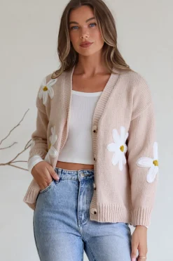 Daisy Belle Cardigan - Cropped Thick Knit Cardigan with Flower Decals in Beige>Salty Crush Clearance