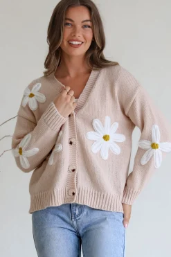 Daisy Belle Cardigan - Cropped Thick Knit Cardigan with Flower Decals in Beige>Salty Crush Clearance