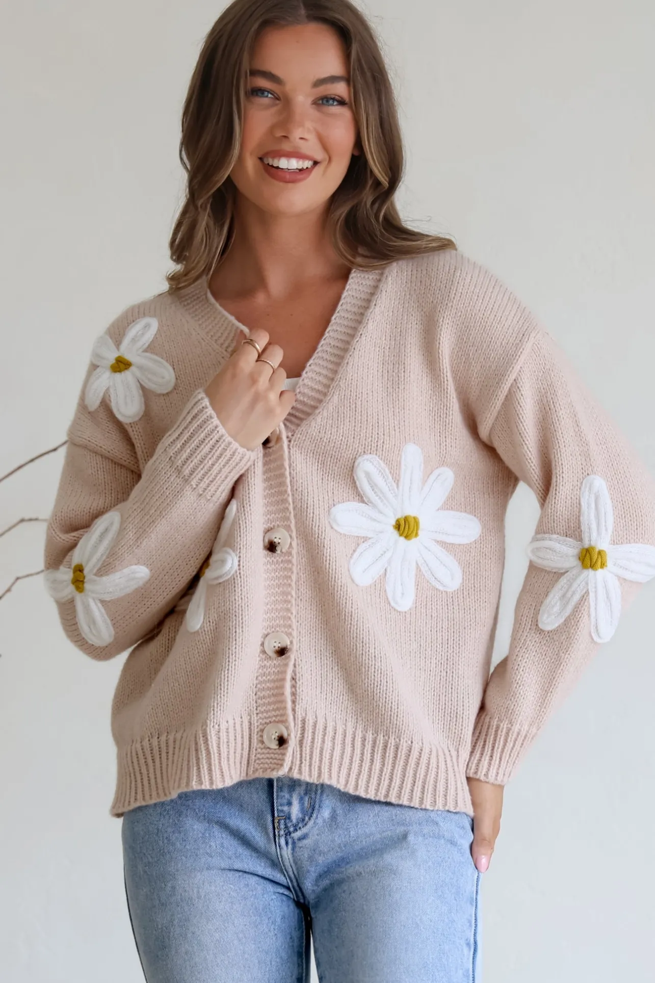 Daisy Belle Cardigan - Cropped Thick Knit Cardigan with Flower Decals in Beige>Salty Crush Clearance