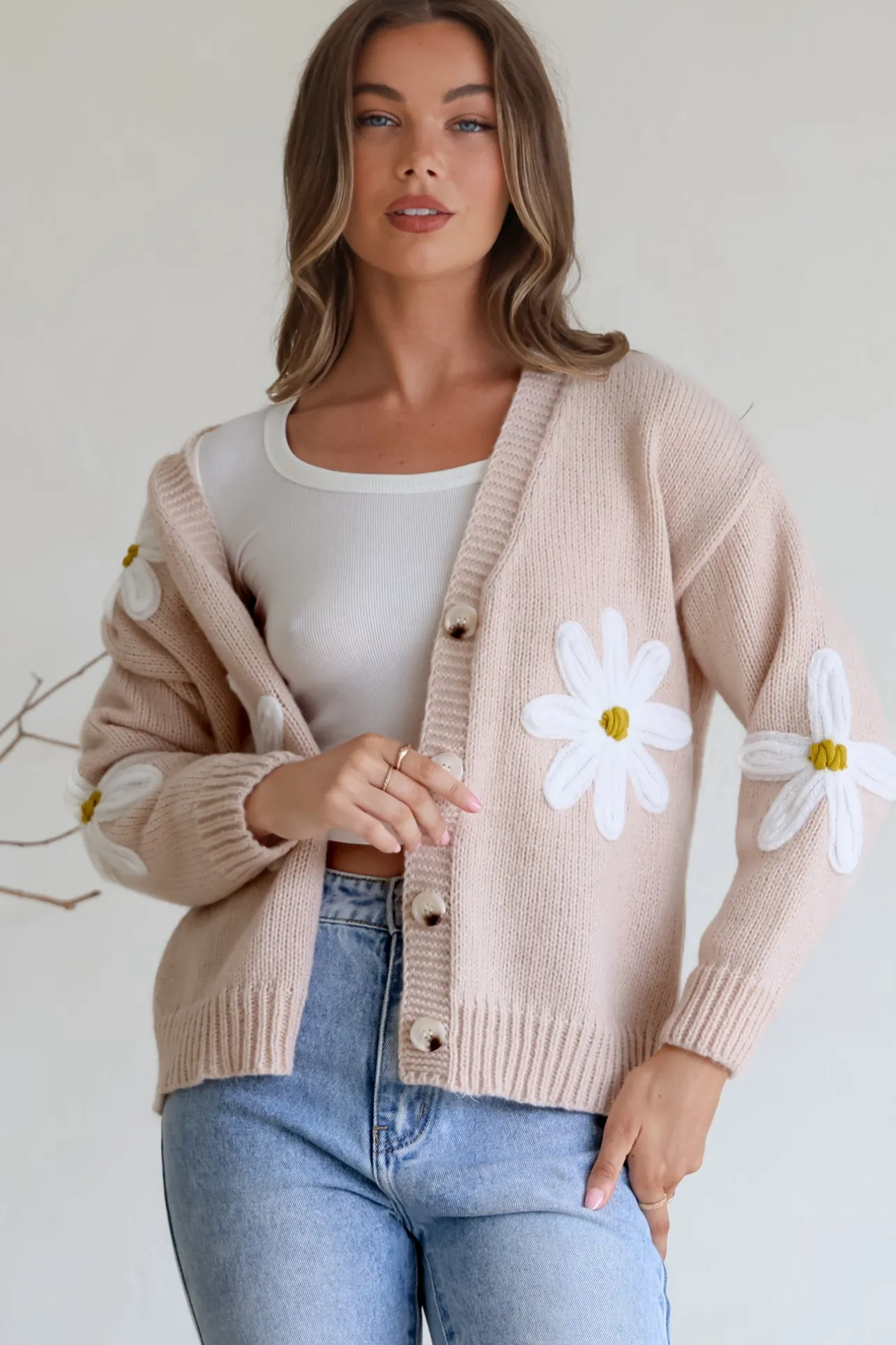 Daisy Belle Cardigan - Cropped Thick Knit Cardigan with Flower Decals in Beige>Salty Crush Clearance