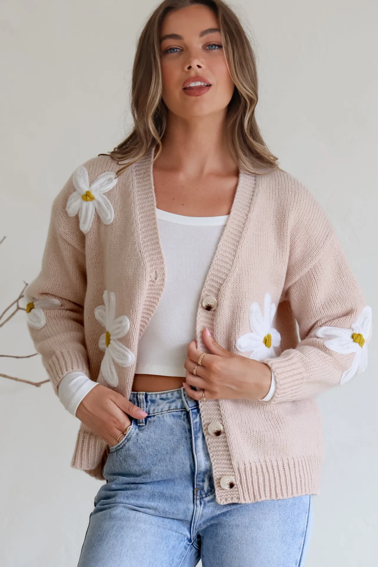 Daisy Belle Cardigan - Cropped Thick Knit Cardigan with Flower Decals in Beige>Salty Crush Clearance