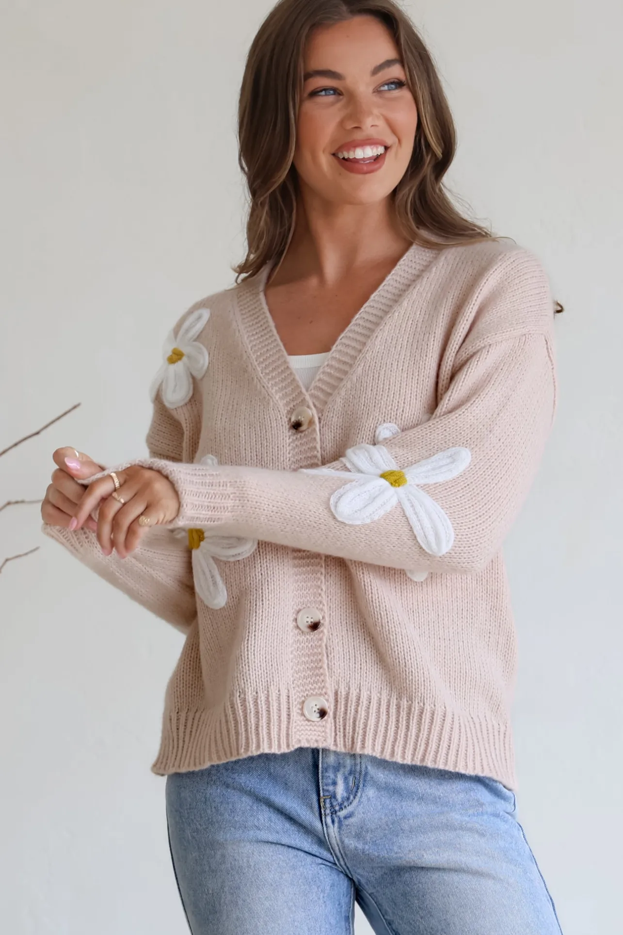 Daisy Belle Cardigan - Cropped Thick Knit Cardigan with Flower Decals in Beige>Salty Crush Clearance