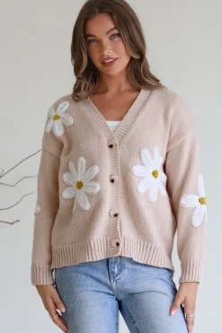 Daisy Belle Cardigan - Cropped Thick Knit Cardigan with Flower Decals in Beige><noscript><img width=