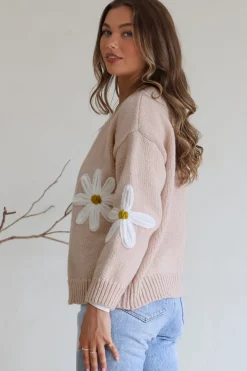 Daisy Belle Cardigan - Cropped Thick Knit Cardigan with Flower Decals in Beige><noscript><img width=