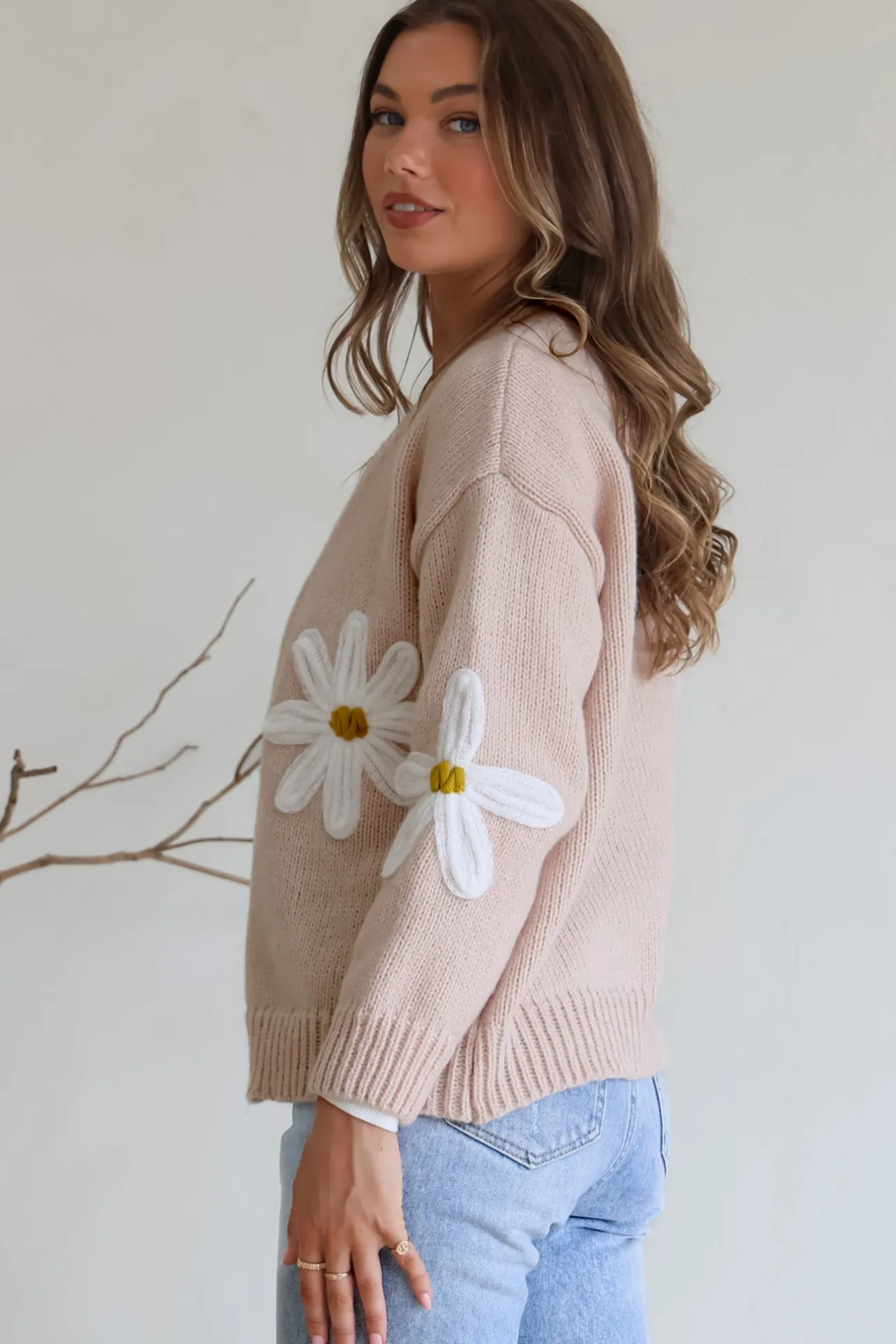 Daisy Belle Cardigan - Cropped Thick Knit Cardigan with Flower Decals in Beige>Salty Crush Clearance