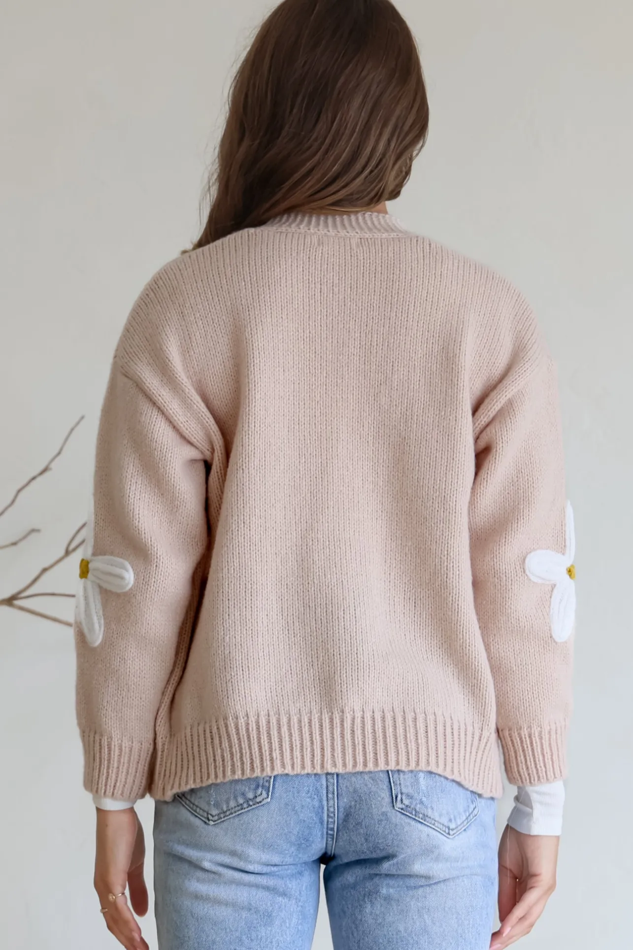 Daisy Belle Cardigan - Cropped Thick Knit Cardigan with Flower Decals in Beige>Salty Crush Clearance