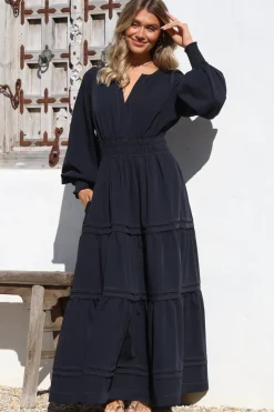 Dara Maxi Dress - Mandarin Collar Tiered Dress with Pockets in Navy>Salty Crush New