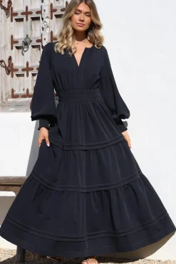 Dara Maxi Dress - Mandarin Collar Tiered Dress with Pockets in Navy>Salty Crush New