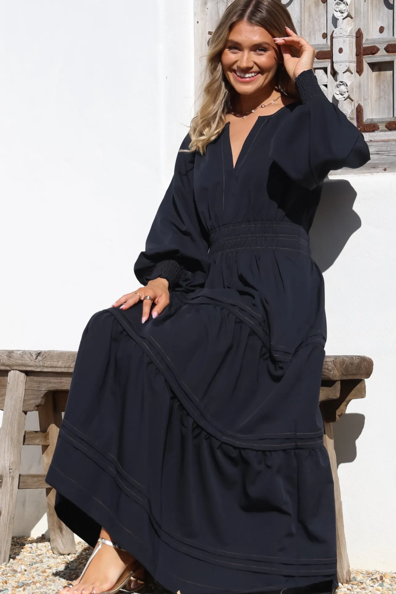 Dara Maxi Dress - Mandarin Collar Tiered Dress with Pockets in Navy>Salty Crush New