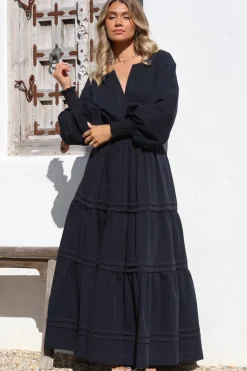 Dara Maxi Dress - Mandarin Collar Tiered Dress with Pockets in Navy><noscript><img width=