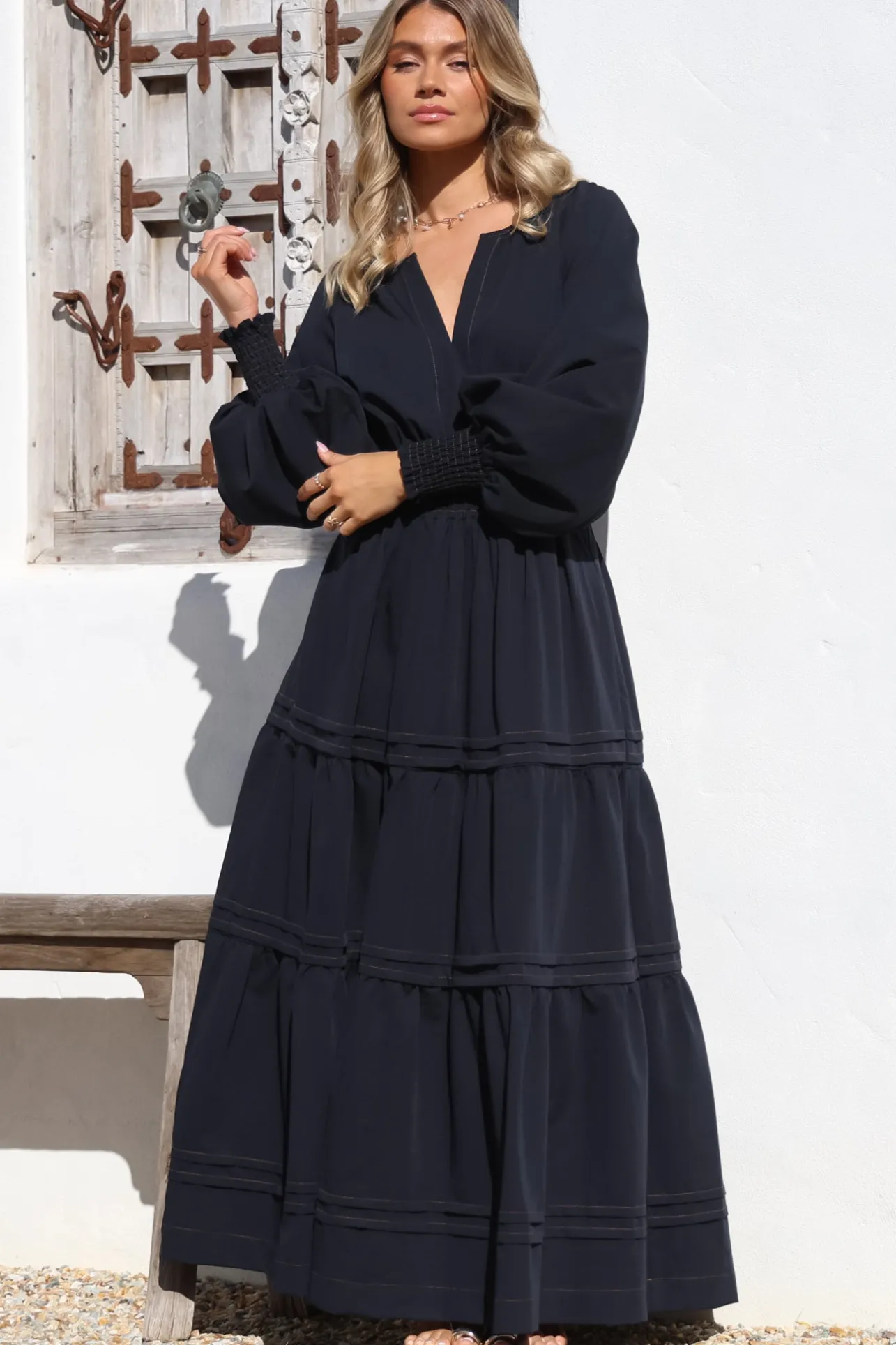 Dara Maxi Dress - Mandarin Collar Tiered Dress with Pockets in Navy>Salty Crush New