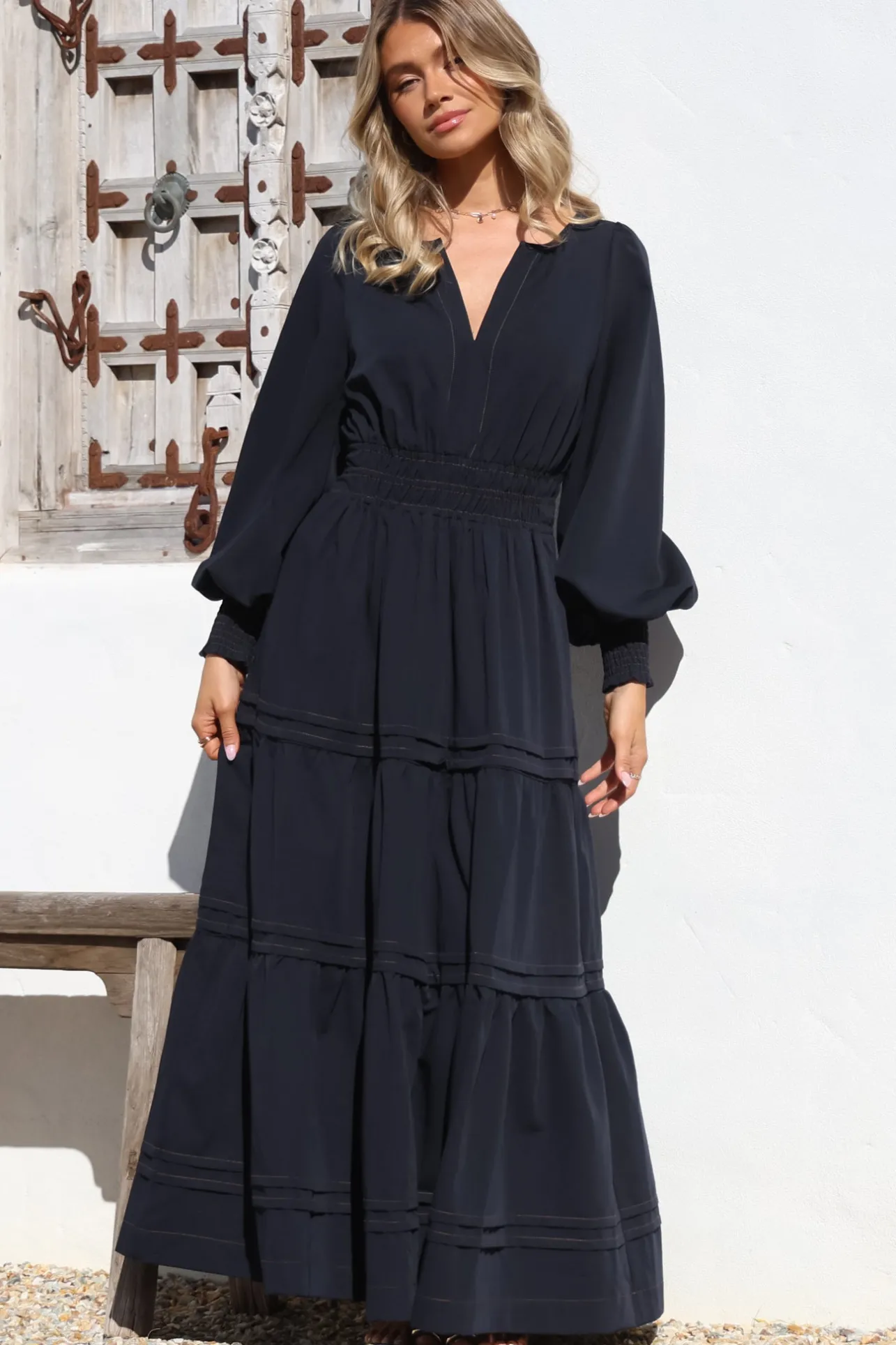 Dara Maxi Dress - Mandarin Collar Tiered Dress with Pockets in Navy>Salty Crush New