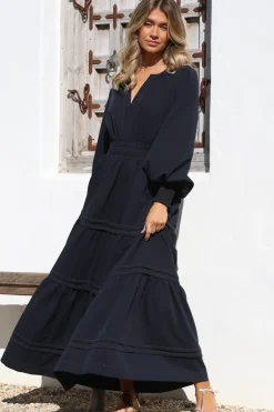 Dara Maxi Dress - Mandarin Collar Tiered Dress with Pockets in Navy><noscript><img width=
