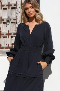 Dara Maxi Dress - Mandarin Collar Tiered Dress with Pockets in Navy><noscript><img width=