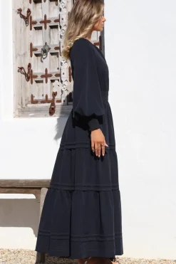 Dara Maxi Dress - Mandarin Collar Tiered Dress with Pockets in Navy><noscript><img width=