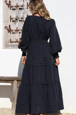 Dara Maxi Dress - Mandarin Collar Tiered Dress with Pockets in Navy><noscript><img width=