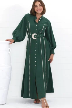 Darcy Maxi Dress - Contrast Detailing Button Down Dress with Belt in Khaki>Salty Crush Hot