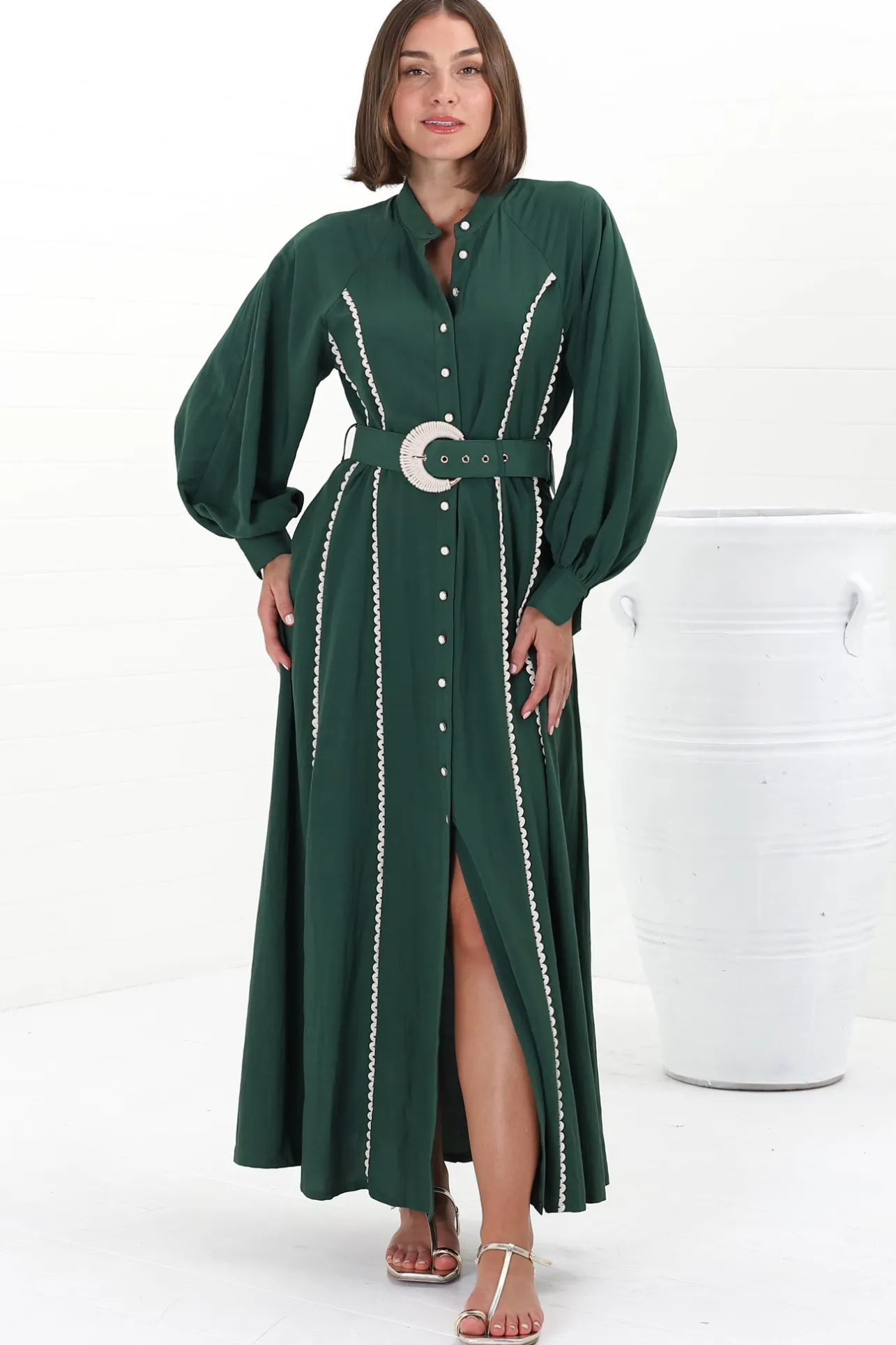 Darcy Maxi Dress - Contrast Detailing Button Down Dress with Belt in Khaki>Salty Crush Hot