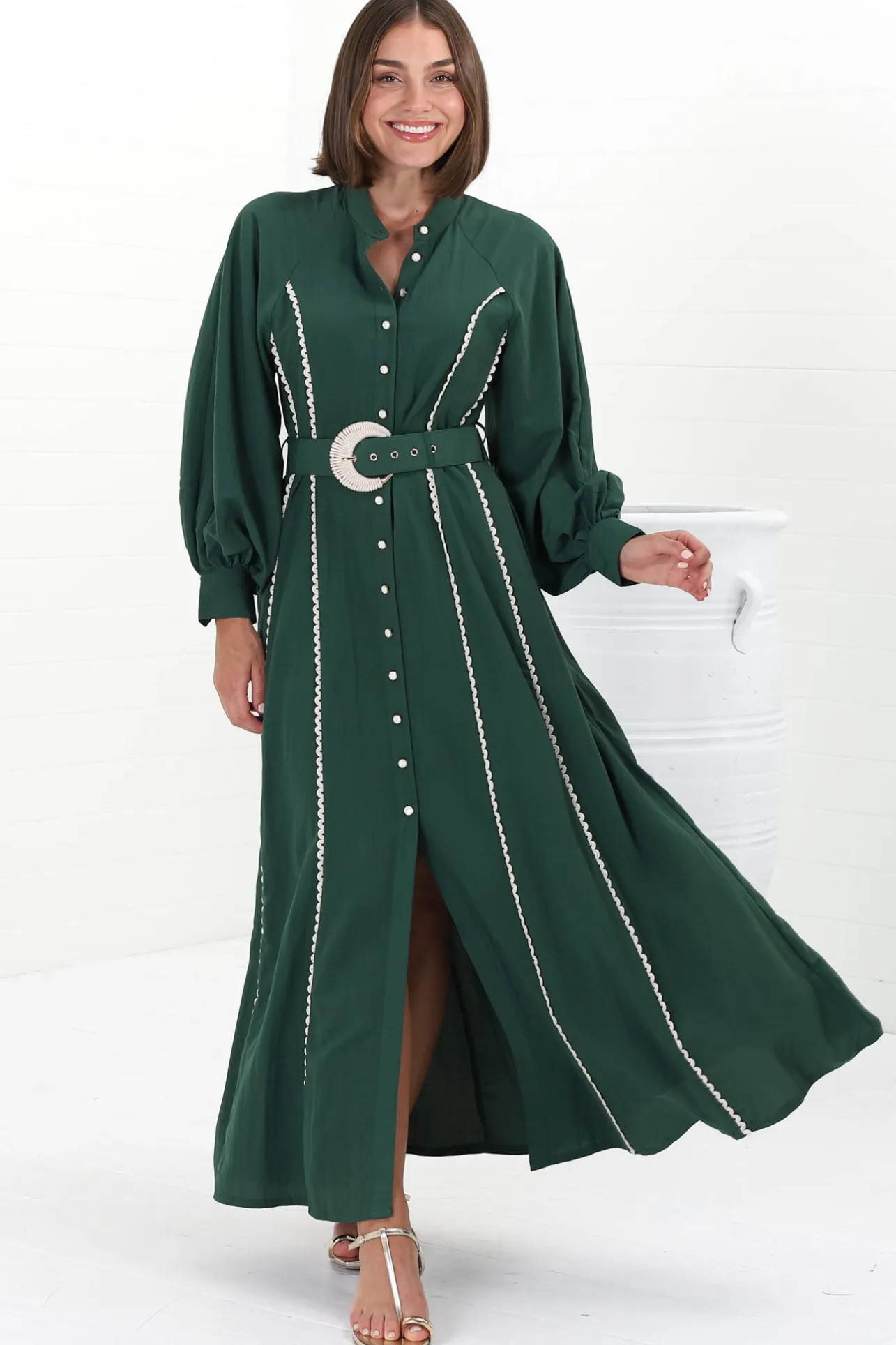 Darcy Maxi Dress - Contrast Detailing Button Down Dress with Belt in Khaki>Salty Crush Hot