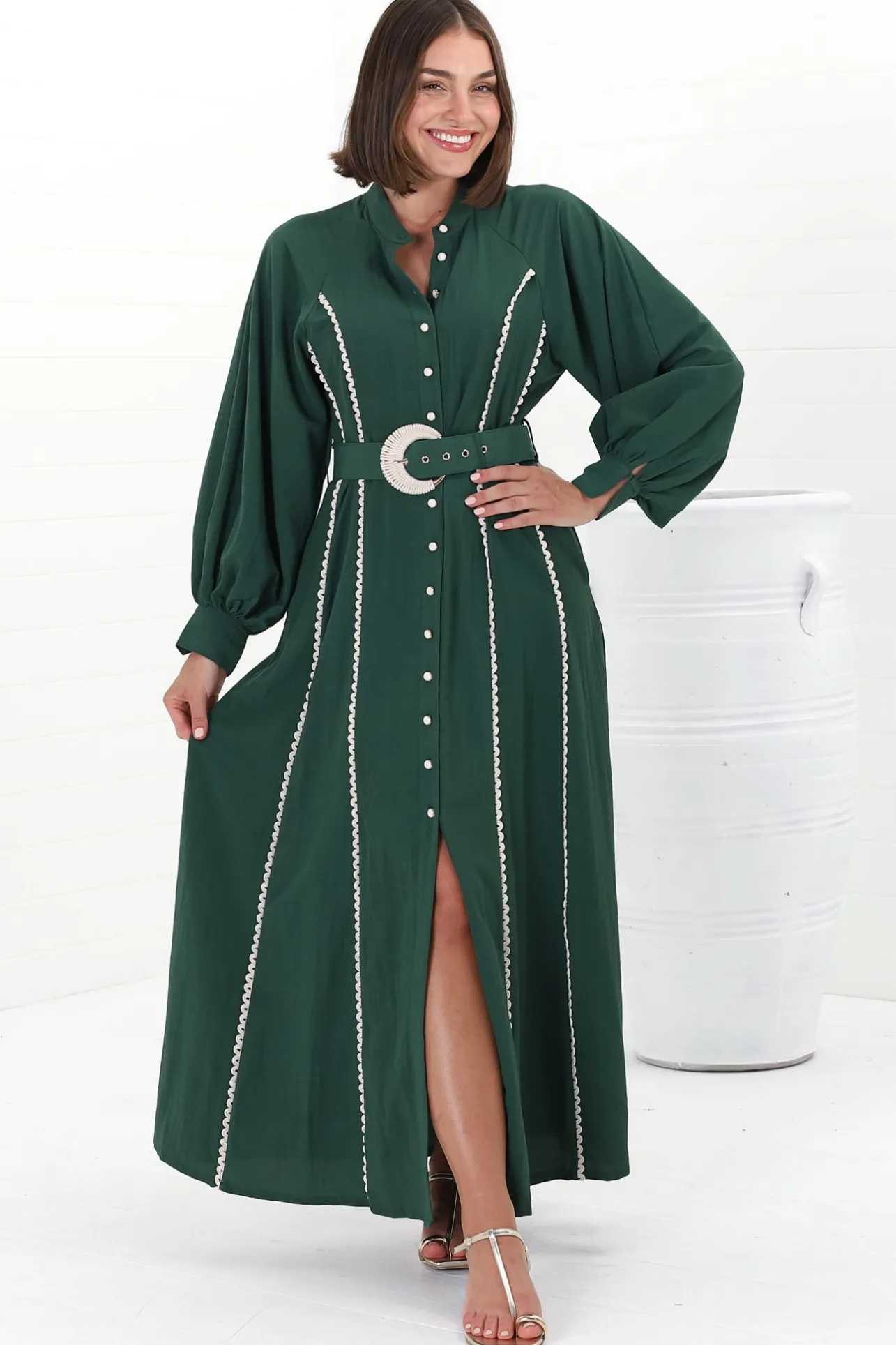 Darcy Maxi Dress - Contrast Detailing Button Down Dress with Belt in Khaki>Salty Crush Hot