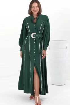 Darcy Maxi Dress - Contrast Detailing Button Down Dress with Belt in Khaki><noscript><img width=