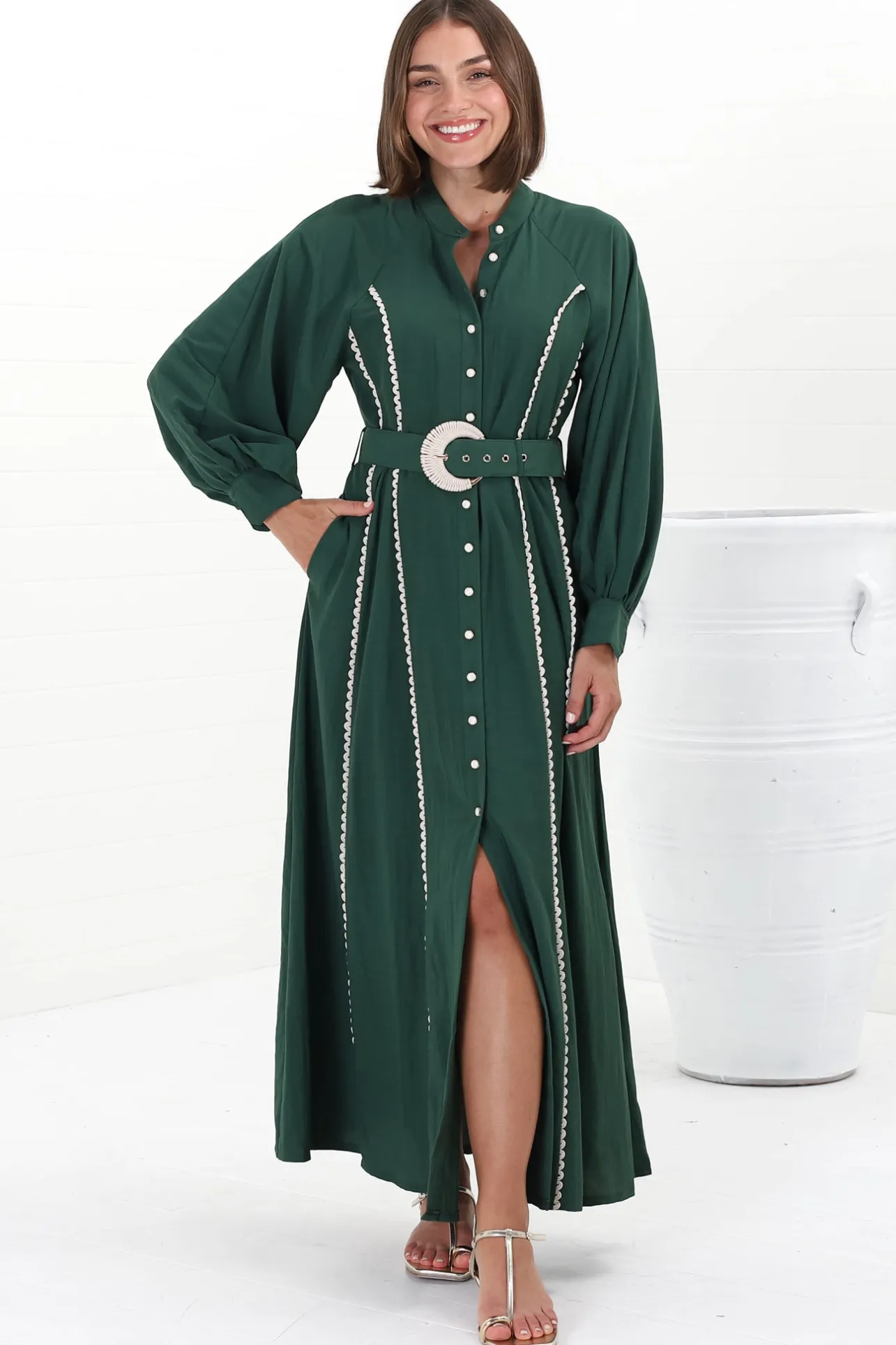 Darcy Maxi Dress - Contrast Detailing Button Down Dress with Belt in Khaki>Salty Crush Hot