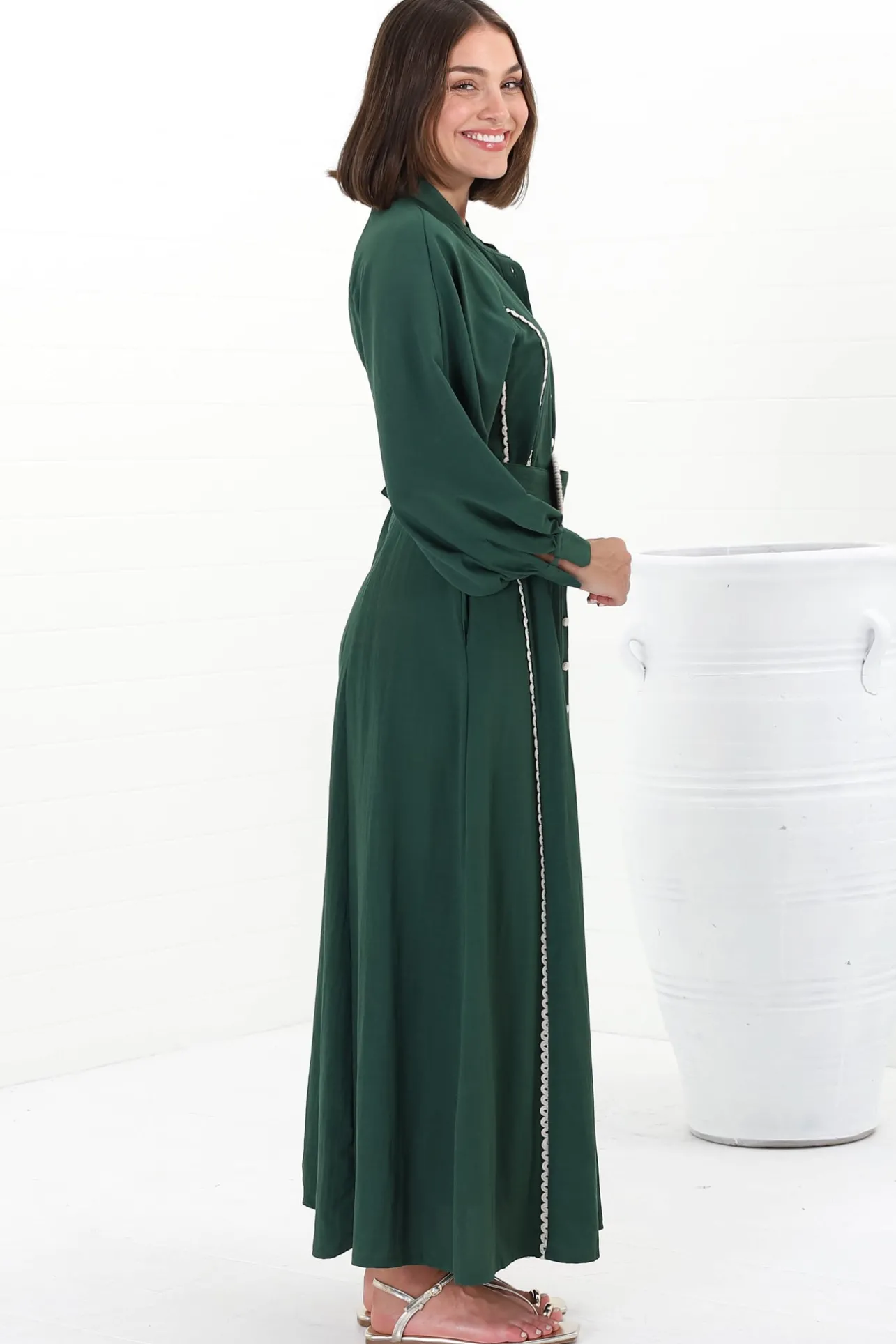 Darcy Maxi Dress - Contrast Detailing Button Down Dress with Belt in Khaki>Salty Crush Hot