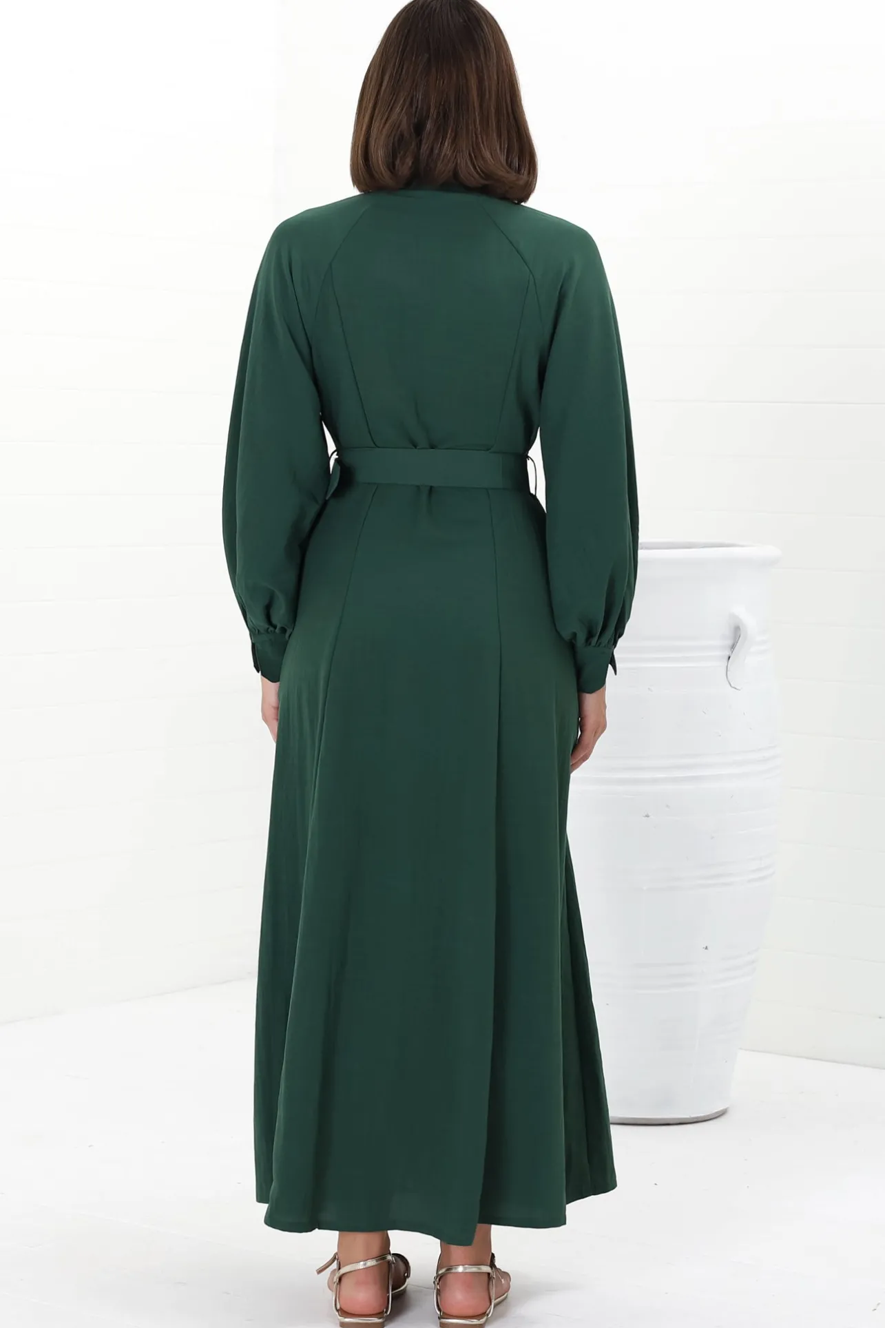 Darcy Maxi Dress - Contrast Detailing Button Down Dress with Belt in Khaki>Salty Crush Hot