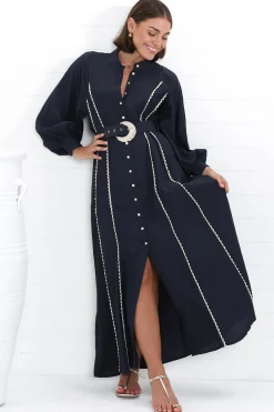 Darcy Maxi Dress - Contrast Detailing Button Down Dress with Belt in Navy>Salty Crush Discount