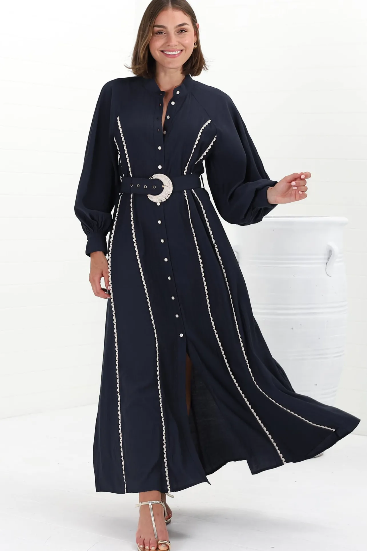 Darcy Maxi Dress - Contrast Detailing Button Down Dress with Belt in Navy>Salty Crush Discount