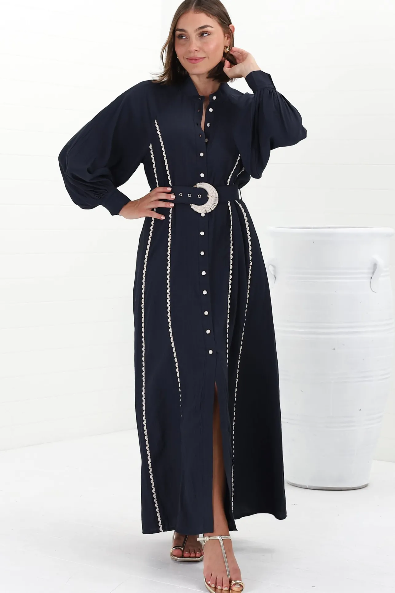Darcy Maxi Dress - Contrast Detailing Button Down Dress with Belt in Navy>Salty Crush Discount