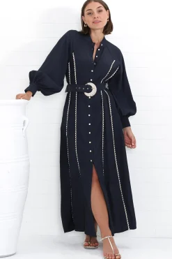 Darcy Maxi Dress - Contrast Detailing Button Down Dress with Belt in Navy><noscript><img width=