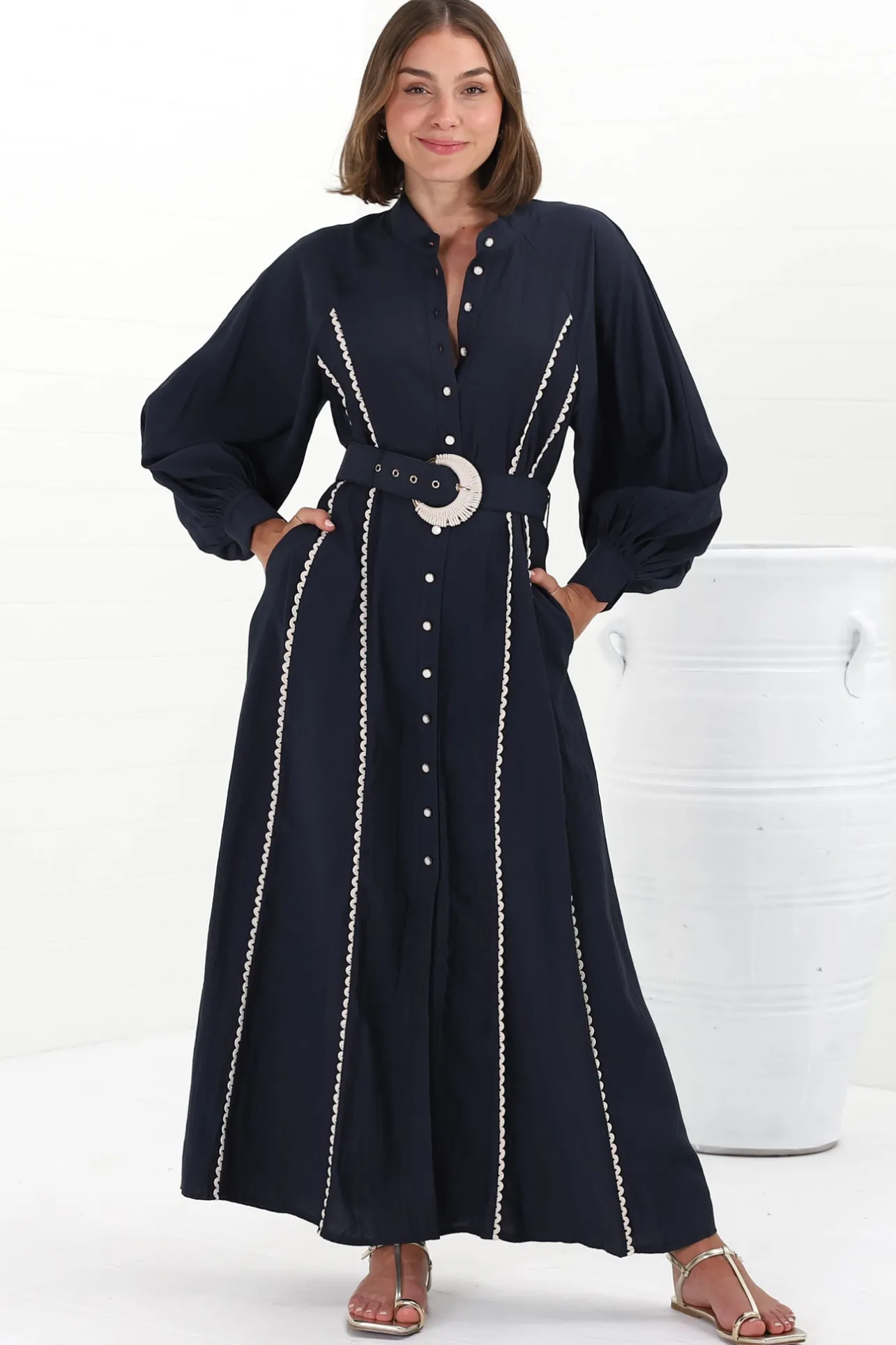 Darcy Maxi Dress - Contrast Detailing Button Down Dress with Belt in Navy>Salty Crush Discount