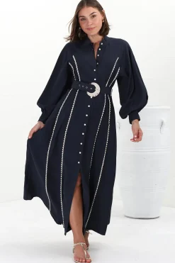 Darcy Maxi Dress - Contrast Detailing Button Down Dress with Belt in Navy><noscript><img width=