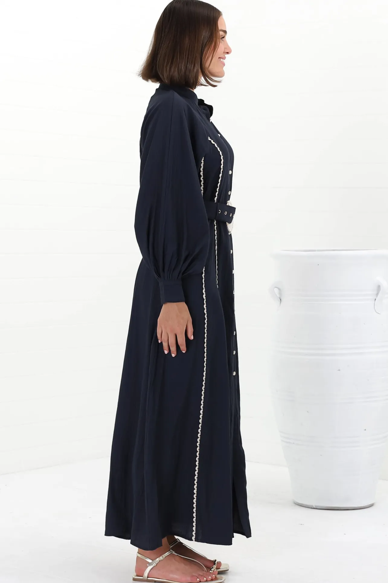 Darcy Maxi Dress - Contrast Detailing Button Down Dress with Belt in Navy>Salty Crush Discount