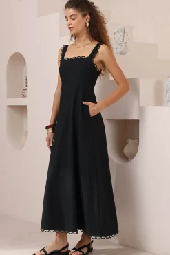 Darla Midi Dress - Scallop Trim Thick Strap Cotton Sun Dress in Black><noscript><img width=