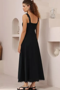 Darla Midi Dress - Scallop Trim Thick Strap Cotton Sun Dress in Black><noscript><img width=