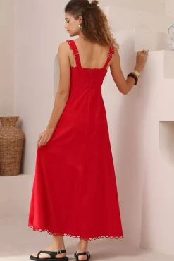 Darla Midi Dress - Scallop Trim Thick Strap Cotton Sun Dress in Red><noscript><img width=