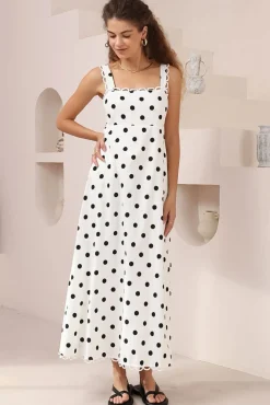 Darla Midi Dress - Scallop Trim Thick Strap Cotton Sun Dress in Polka Dots White><noscript><img width=
