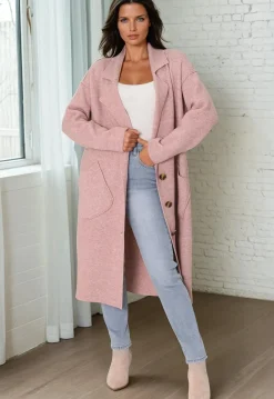 Davie Cardigan - Collared Button Down Coatigan in Pink><noscript><img width=