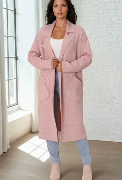 Davie Cardigan - Collared Button Down Coatigan in Pink><noscript><img width=