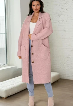Davie Cardigan - Collared Button Down Coatigan in Pink><noscript><img width=
