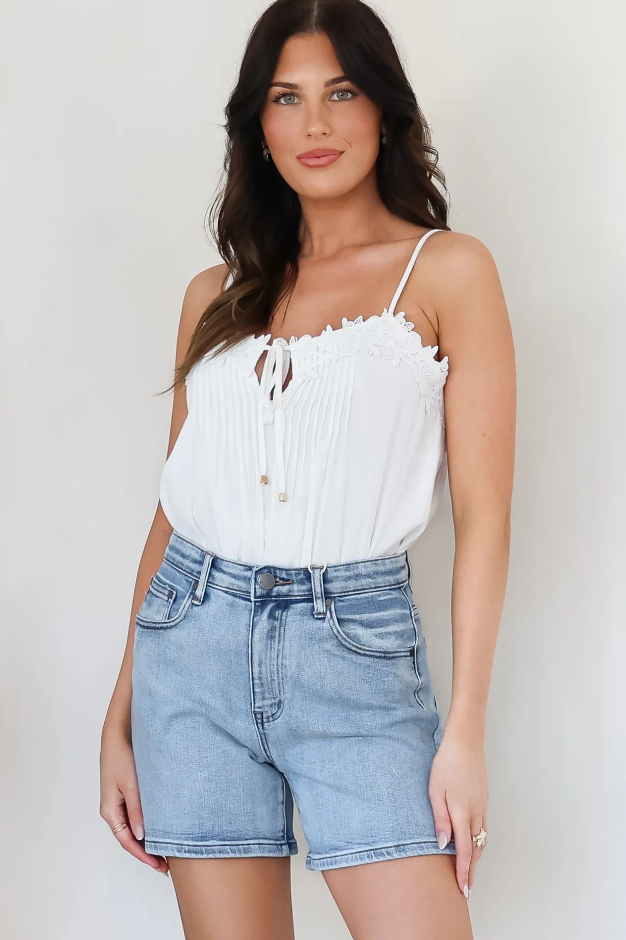 Davie Denim Shorts - High Waisted Straight Leg Shorts in Light Denim>Salty Crush Sale