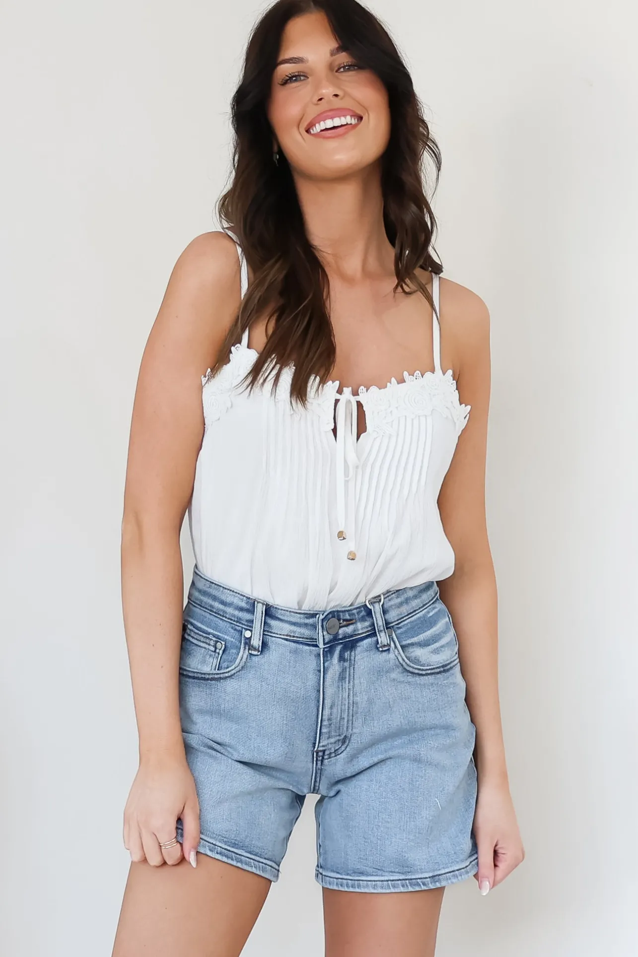 Davie Denim Shorts - High Waisted Straight Leg Shorts in Light Denim>Salty Crush Sale