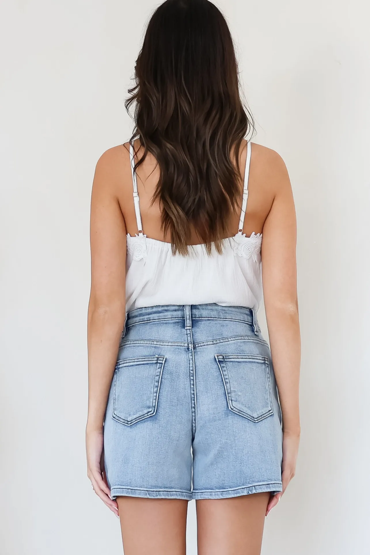Davie Denim Shorts - High Waisted Straight Leg Shorts in Light Denim>Salty Crush Sale