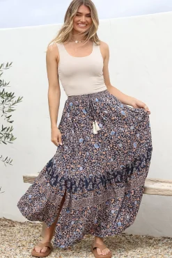 Delany Maxi Skirt - High Waisted Skirt with Tassel Waist Tie and Front Splits in Floral Print><noscript><img width=