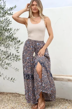 Delany Maxi Skirt - High Waisted Skirt with Tassel Waist Tie and Front Splits in Floral Print><noscript><img width=